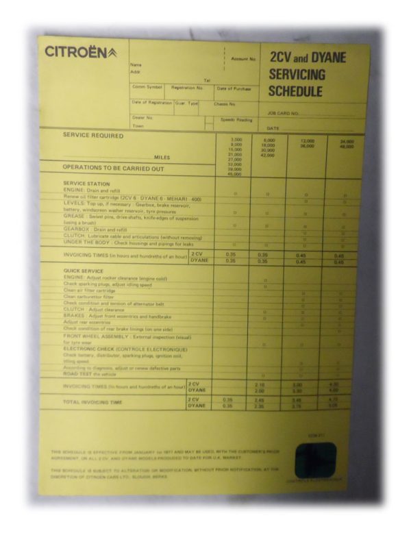 2CV & Dyane Servicing Schedule Sheet